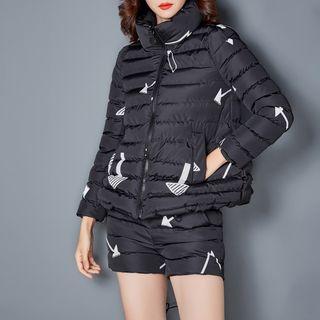 Set: Stand-collar Printed Padded Zip Jacket + Printed Padded Shorts