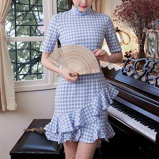 Check Ruffle Short-sleeve Qipao