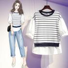 Mock Two-piece Puff-sleeve Striped Top