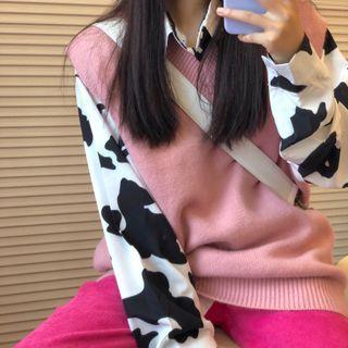 Cow Print Shirt / Knit Vest / Wide Leg Pants