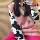 Cow Print Shirt / Knit Vest / Wide Leg Pants