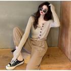 Button-down Light Knit Top / Denim Mini Skirt / High-waist Dress Pants
