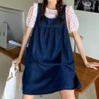 Heart Print Blouse / Sleeveless Denim Mini A-line Dress