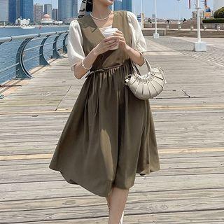 Set: Puff-sleeve Square-neck Plain Top + V-neck Plain Jumper Dress