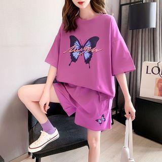 Set: Elbow-sleeve Butterfly Print T-shirt + Shorts