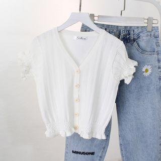 Short-sleeve Ruffle Trim Cropped Pointelle Knit Top