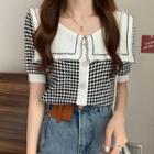 Short-sleeve Sailor-collar Button-up Plaid Knit Top