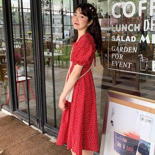 Heart Print Elbow-sleeve Midi A-line Dress Red - One Size