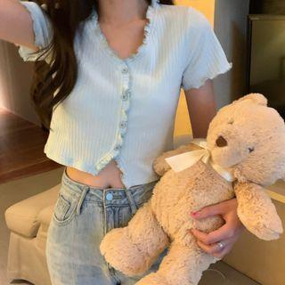 Short-sleeve Plain Ruffle Trim Cardigan