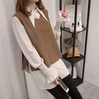 Set: Chiffon Long-sleeve Shirt + Vest