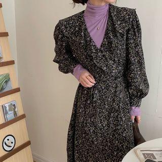 Long-sleeve Turtleneck Top / Long-sleeve Floral Print Midi A-line Dress