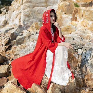 Flower Print Open Front 3/4-sleeve Midi Light Jacket Red - One Size