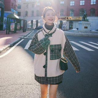 Single Breasted Plaid Panel Fleece Coat