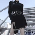 Side Slit Long-sleeve Mini Dress / Chain Accent Waist Belt