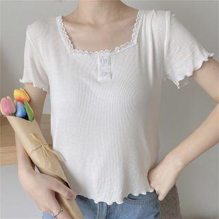 Frill-hem Lace-trim Short-sleeve Ribbed Top