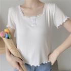 Frill-hem Lace-trim Short-sleeve Ribbed Top