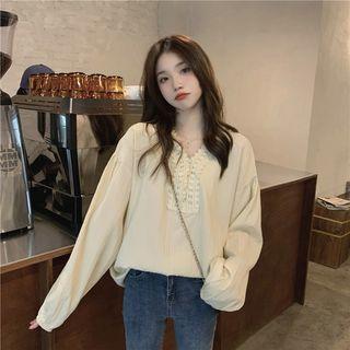 V-neck Lace-trim Shirt Almond - One Size