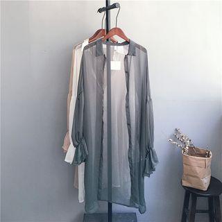 Long-sleeve Frill Trim Sheer Long Shirt