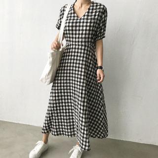 Puff-sleeve Check Maxi Flare Dress