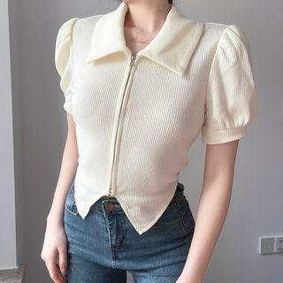 Puff-sleeve Collar Zip-up Crop Top