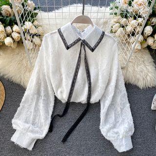 Lace Bow Balloon-sleeve Fringed Shirt