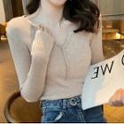 Long-sleeve Plain Single Breasted Slim Fit Knit Top