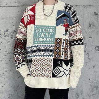 Long-sleeve Printed Panel Knit Sweater