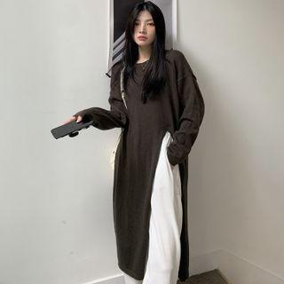 Long-sleeve Round Neck Slit Knit Dress