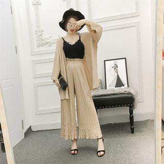 Set: Pleated Long Jacket + Embellished Pleated Wide Leg Pants