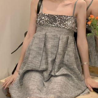 Plaid Panel Metallic A-line Dress Dress - One Size