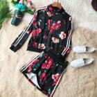 Set: Floral Print Zip Jacket + Skirt Black - One Size