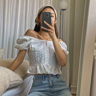 Frilled Flower-embroidered Crop Top