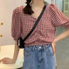 Elbow-sleeve Gingham Cropped Blouse