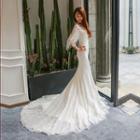 Elbow Sleeve Lace Mermaid Wedding Gown With Train