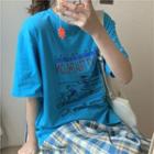 Elbow-sleeve Printed T-shirt Aqua Blue - One Size