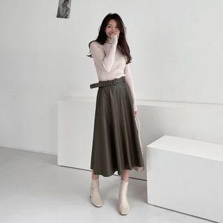 A-line Faux-leather Skirt With Belt