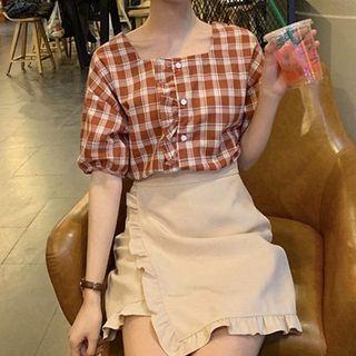 Set: Short Sleeve Square Neck Check Top + Frilled Trim Mini A-line Skirt