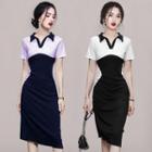 Short-sleeve Collar Two-tone Sheath Dress