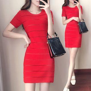 Short-sleeve Striped Knit Mini Dress