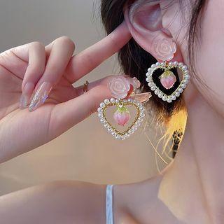 Floral Faux Pearl Heart Drop Earring 1 Pair - Silver Needle - Pink - One Size