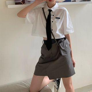Short-sleeve Tie-neck Shirt / Mini Cargo Skirt