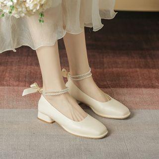 Bow Accent Beaded Block Heel Pumps