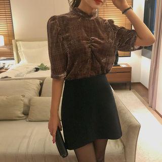Tie-front Checked Velvet Blouse
