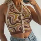 Button-up Halter-neck Wave Print Knit Cropped Top