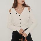 Long-sleeve V-neck Off-shoulder Single-breasted Knit Top