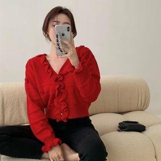 Floral Accent Ruffle Trim Cardigan