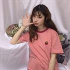 Short-sleeve Embroidered Strawberry T-shirt Pink - One Size