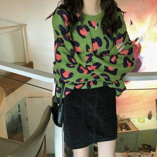 Leopard Drop-shoulder Sweater Green - One Size