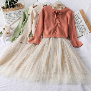 Set: Tie-back Knit Top + Mesh Sleeveless Shirtdress