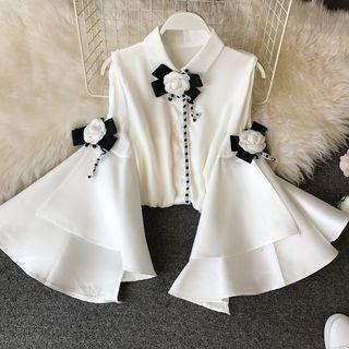 Floral Accent Long Bell-sleeve Chiffon Blouse